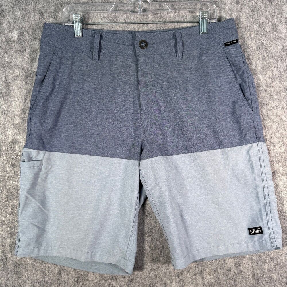 Pelagic Shorts Mens 34 Gray Blue Mako Hybrid Stretch 10" Inseam Minor Stains